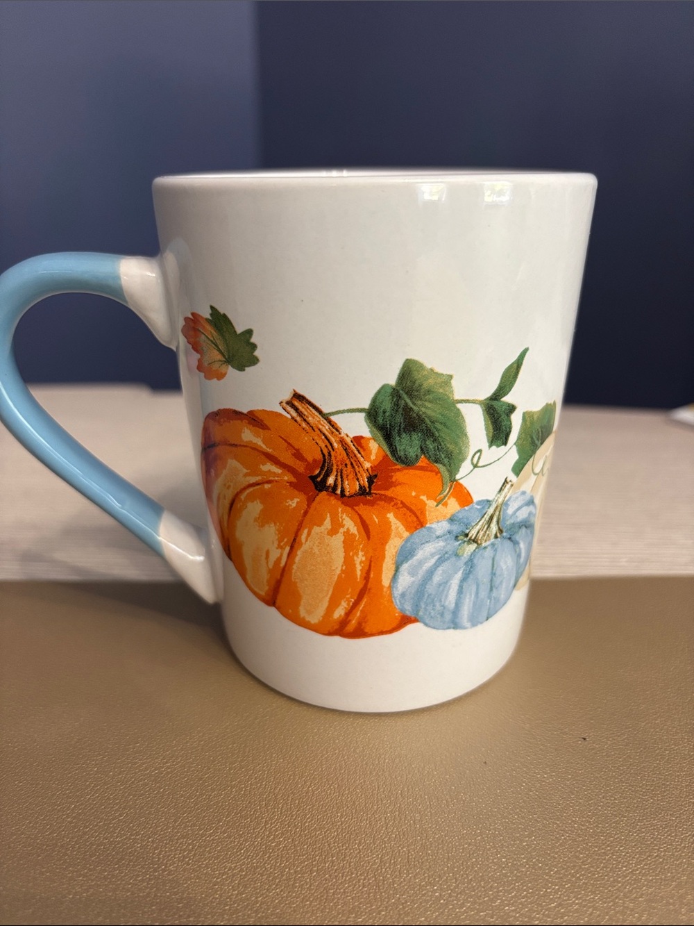 Ceramic Pumpkin-Print Mug with Light Blue Handle